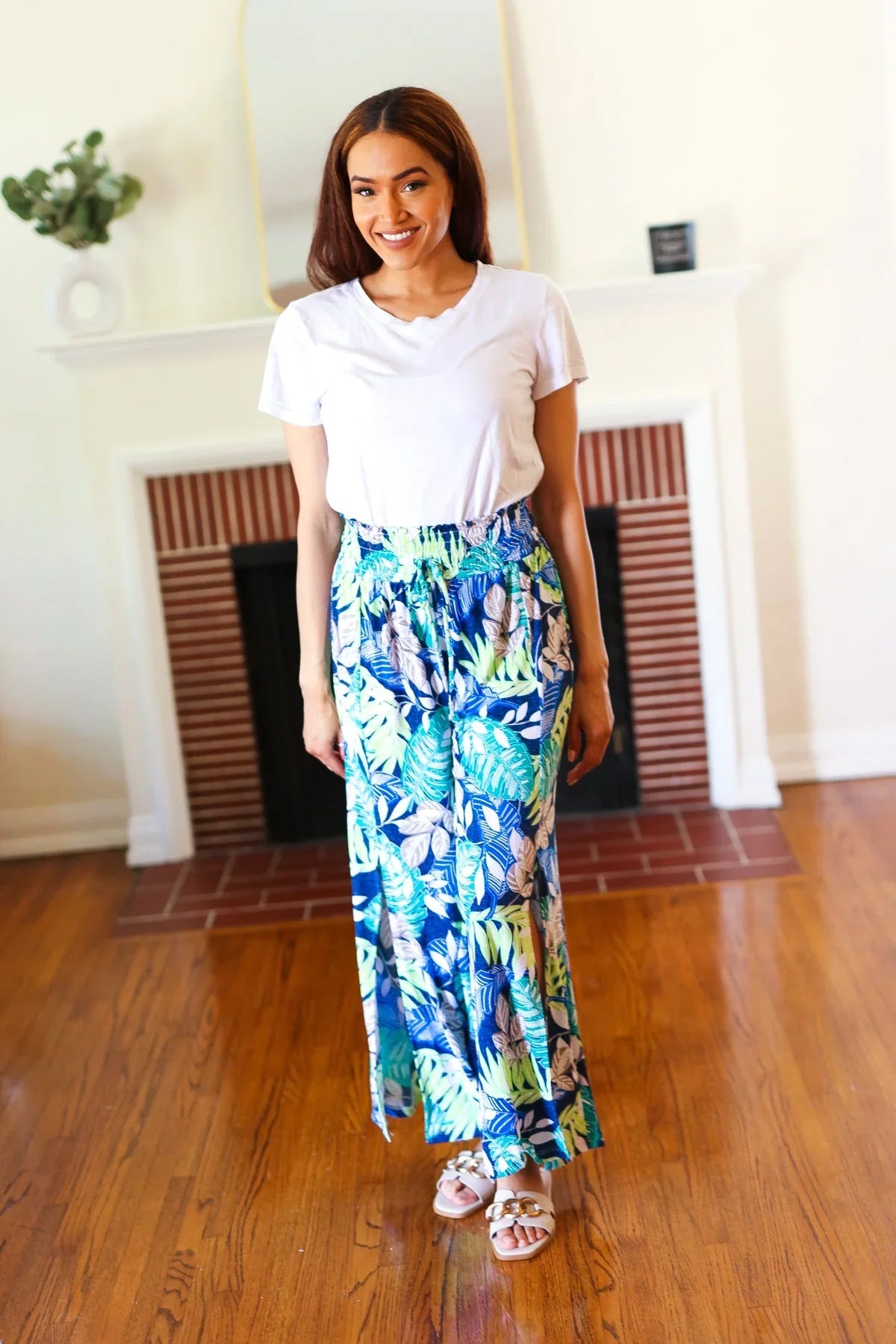 Tropical Boho Smocked Waist Side Slit Palazzo Pants | Daverri Fashions