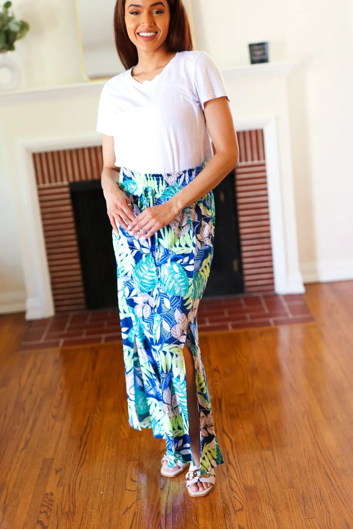 Tropical Boho Smocked Waist Side Slit Palazzo Pants | Daverri Fashions