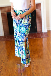 Tropical Boho Smocked Waist Side Slit Palazzo Pants | Daverri Fashions