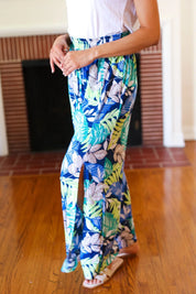 Tropical Boho Smocked Waist Side Slit Palazzo Pants | Daverri Fashions