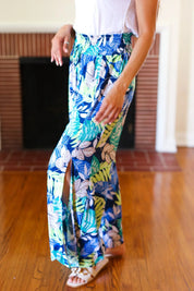 Tropical Boho Smocked Waist Side Slit Palazzo Pants | Daverri Fashions
