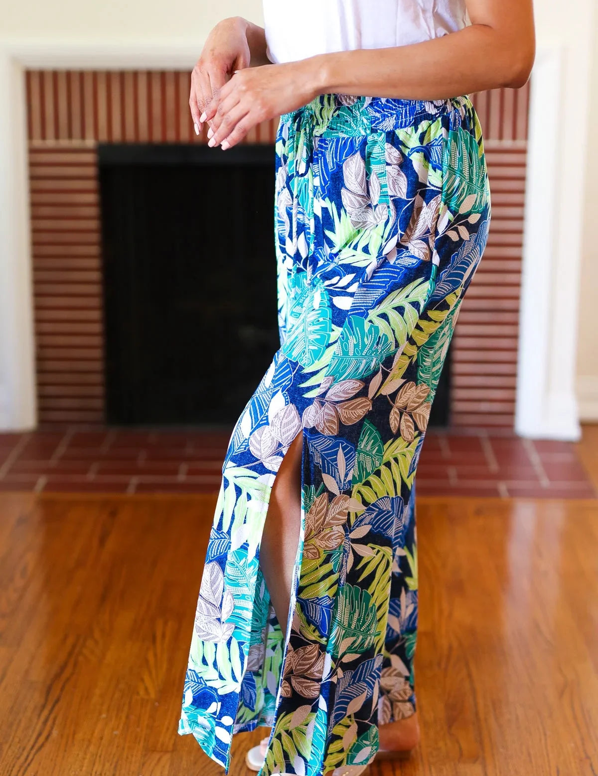 Tropical Boho Smocked Waist Side Slit Palazzo Pants | Daverri Fashions