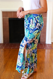 Tropical Boho Smocked Waist Side Slit Palazzo Pants | Daverri Fashions