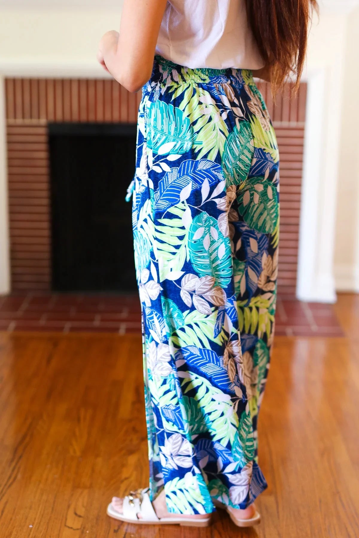 Tropical Boho Smocked Waist Side Slit Palazzo Pants | Daverri Fashions
