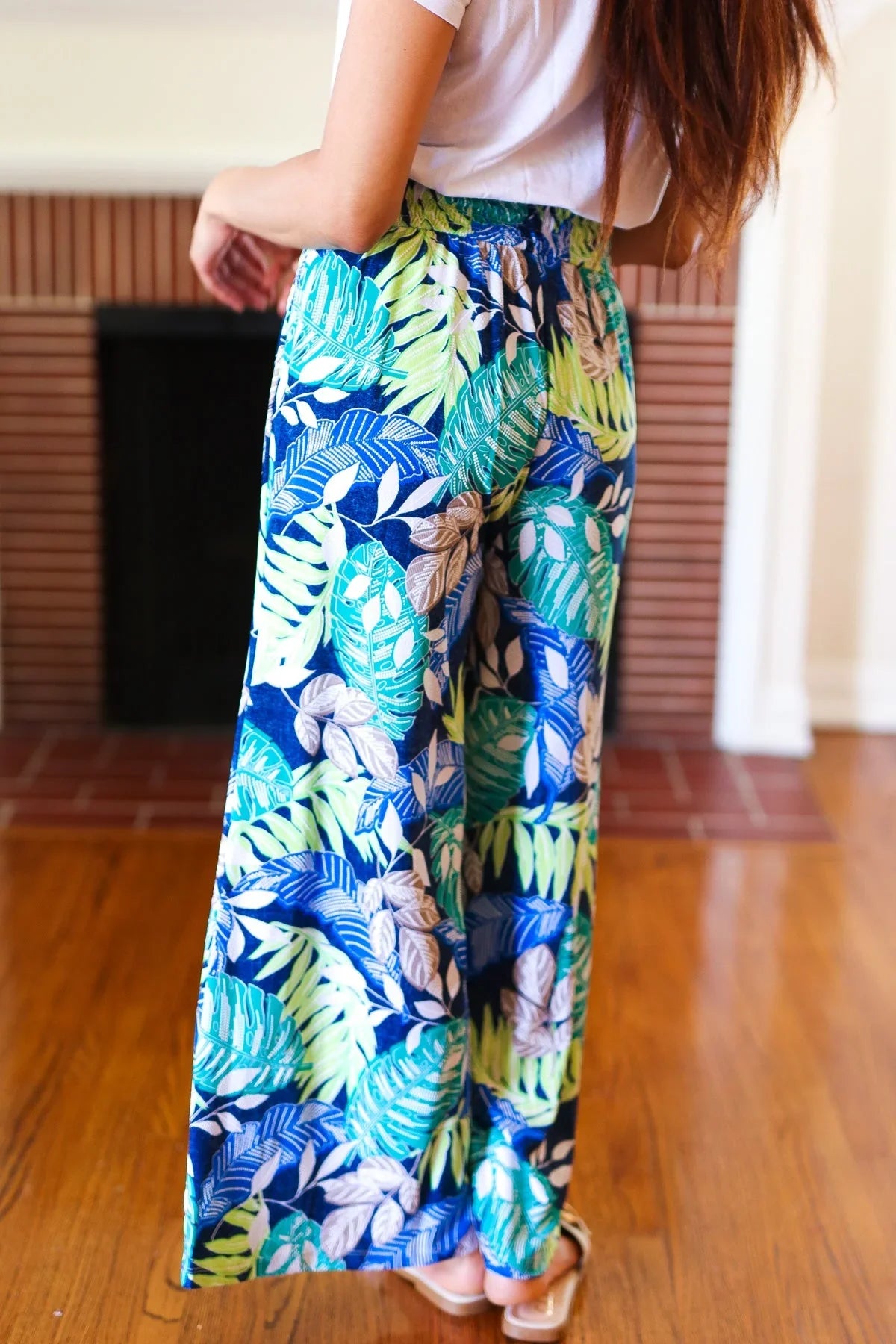 Tropical Boho Smocked Waist Side Slit Palazzo Pants | Daverri Fashions