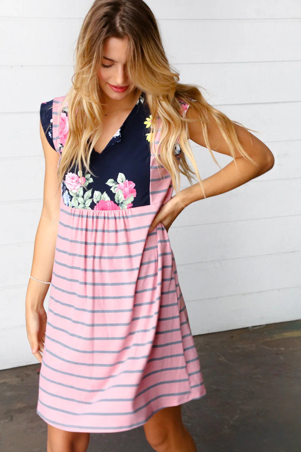 Pink Floral & Striped Yoke Babydoll Dress | Daverri Fashions