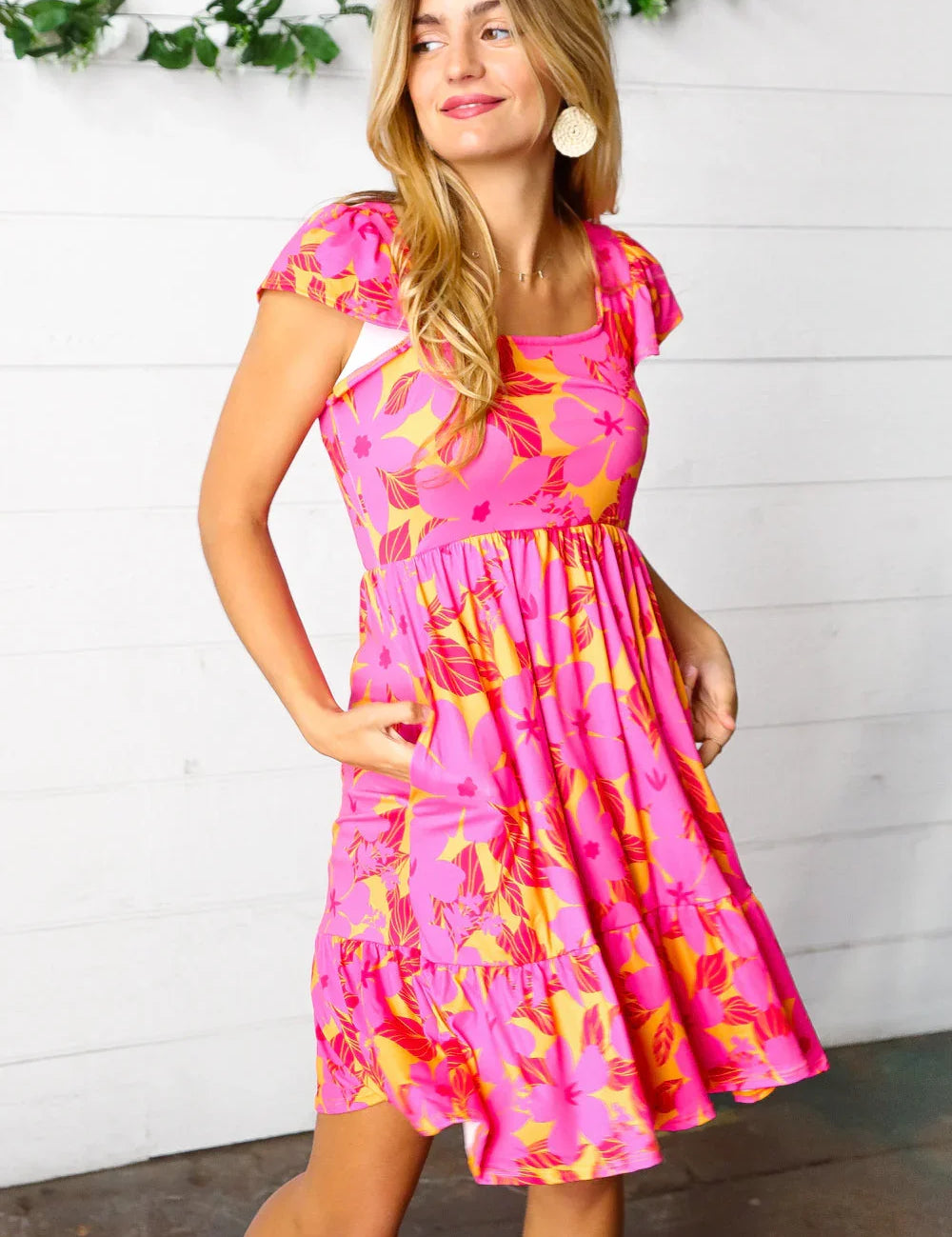 Fuchsia & Orange Tropical Floral Square Neck Dress | Daverri Fashions