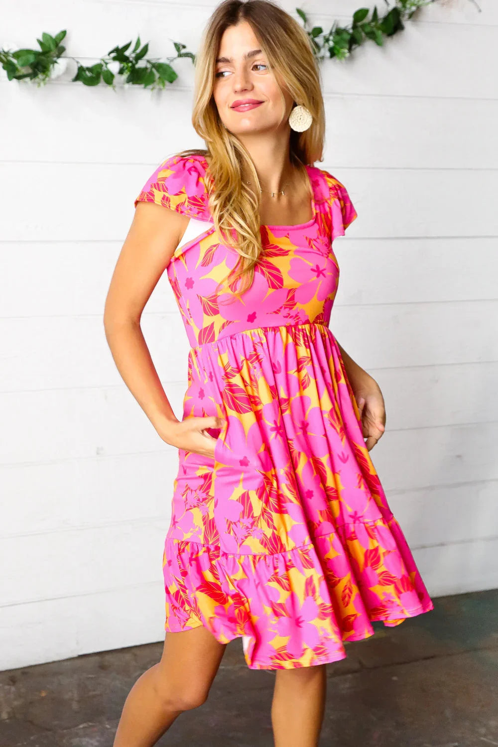 Fuchsia & Orange Tropical Floral Square Neck Dress | Daverri Fashions