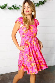 Fuchsia & Orange Tropical Floral Square Neck Dress | Daverri Fashions