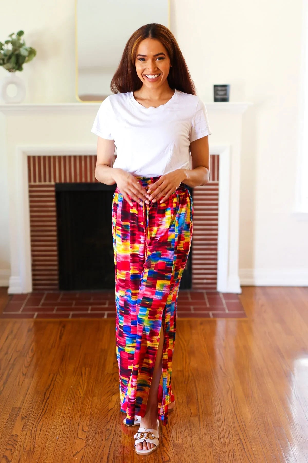 Vacay Vibes Kaleidoscope Smocked Waist Side Slit Palazzo Pants | 07-01-25 Summer Sale Daverri Fashions