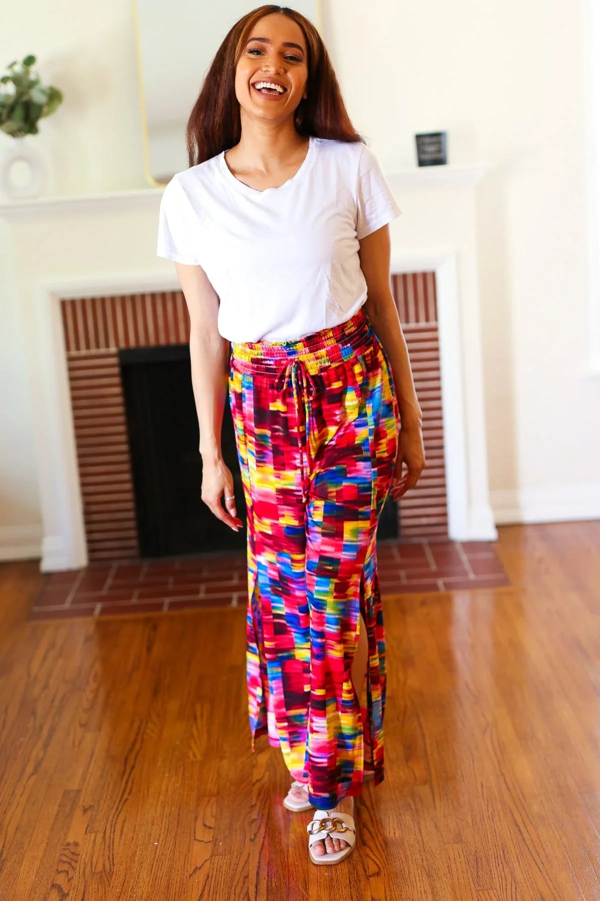 Vacay Vibes Kaleidoscope Smocked Waist Side Slit Palazzo Pants | 07-01-25 Summer Sale Daverri Fashions