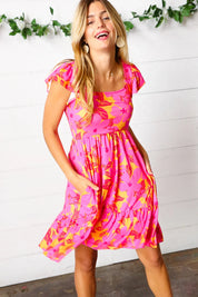 Fuchsia & Orange Tropical Floral Square Neck Dress | Daverri Fashions