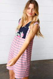 Pink Floral & Striped Yoke Babydoll Dress | Daverri Fashions