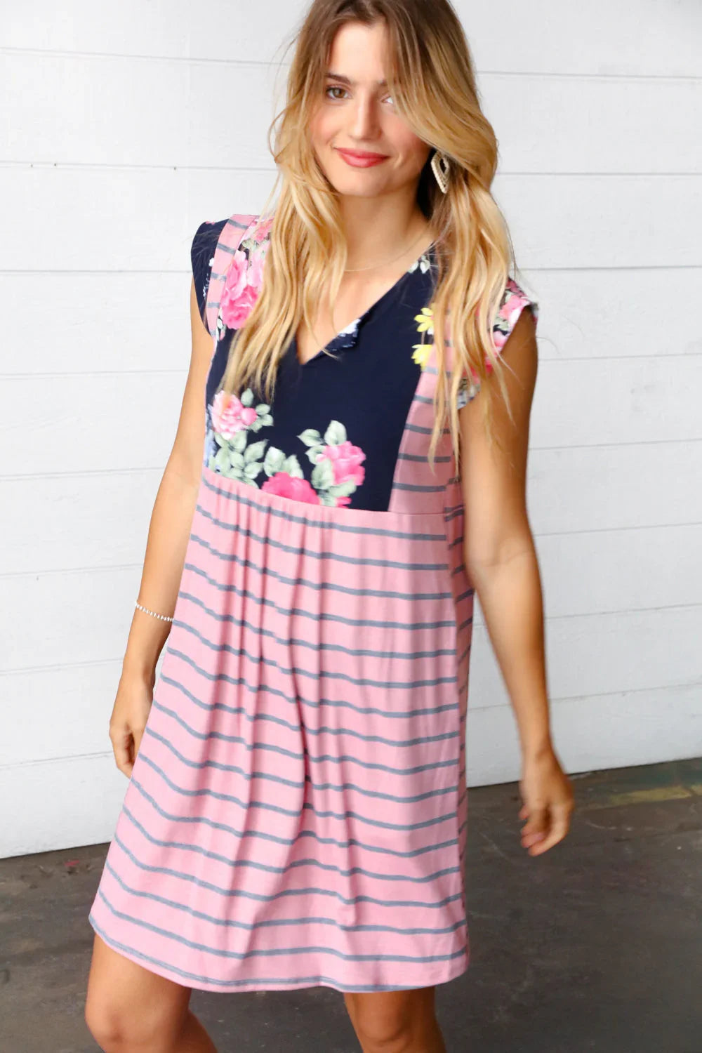 Pink Floral & Striped Yoke Babydoll Dress | Daverri Fashions