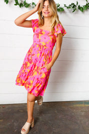 Fuchsia & Orange Tropical Floral Square Neck Dress | Daverri Fashions