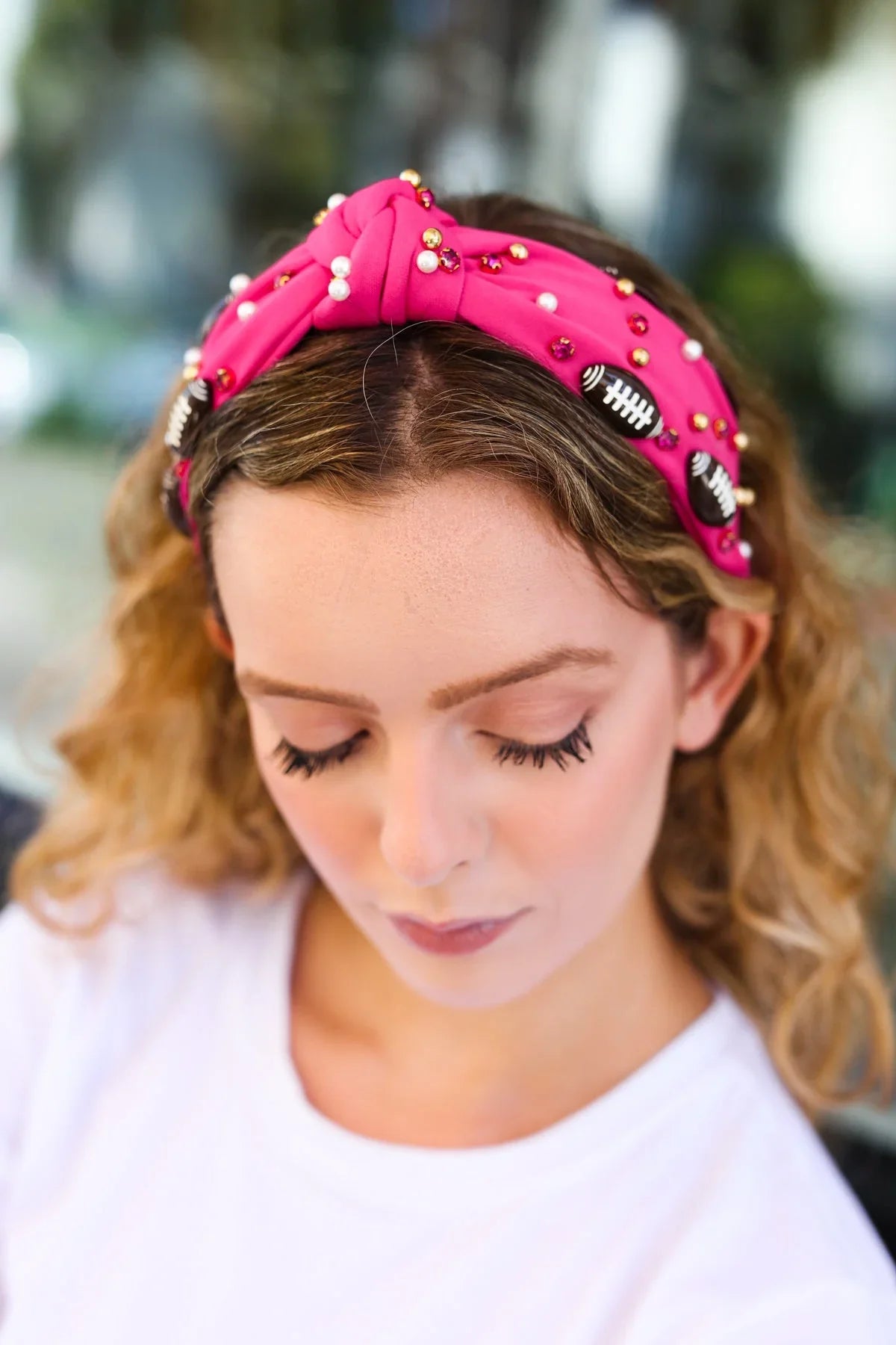 Fuchsia Stone & Gem Football Embellished Top Knot Headband | 07-01-25 Summer Sale Daverri Fashions