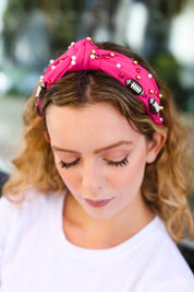 Fuchsia Stone & Gem Football Embellished Top Knot Headband | 07-01-25 Summer Sale Daverri Fashions