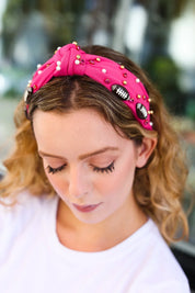 Fuchsia Stone & Gem Football Embellished Top Knot Headband | 07-01-25 Summer Sale Daverri Fashions