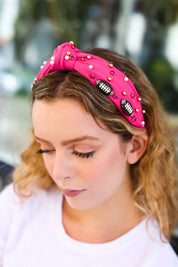 Fuchsia Stone & Gem Football Embellished Top Knot Headband | 07-01-25 Summer Sale Daverri Fashions