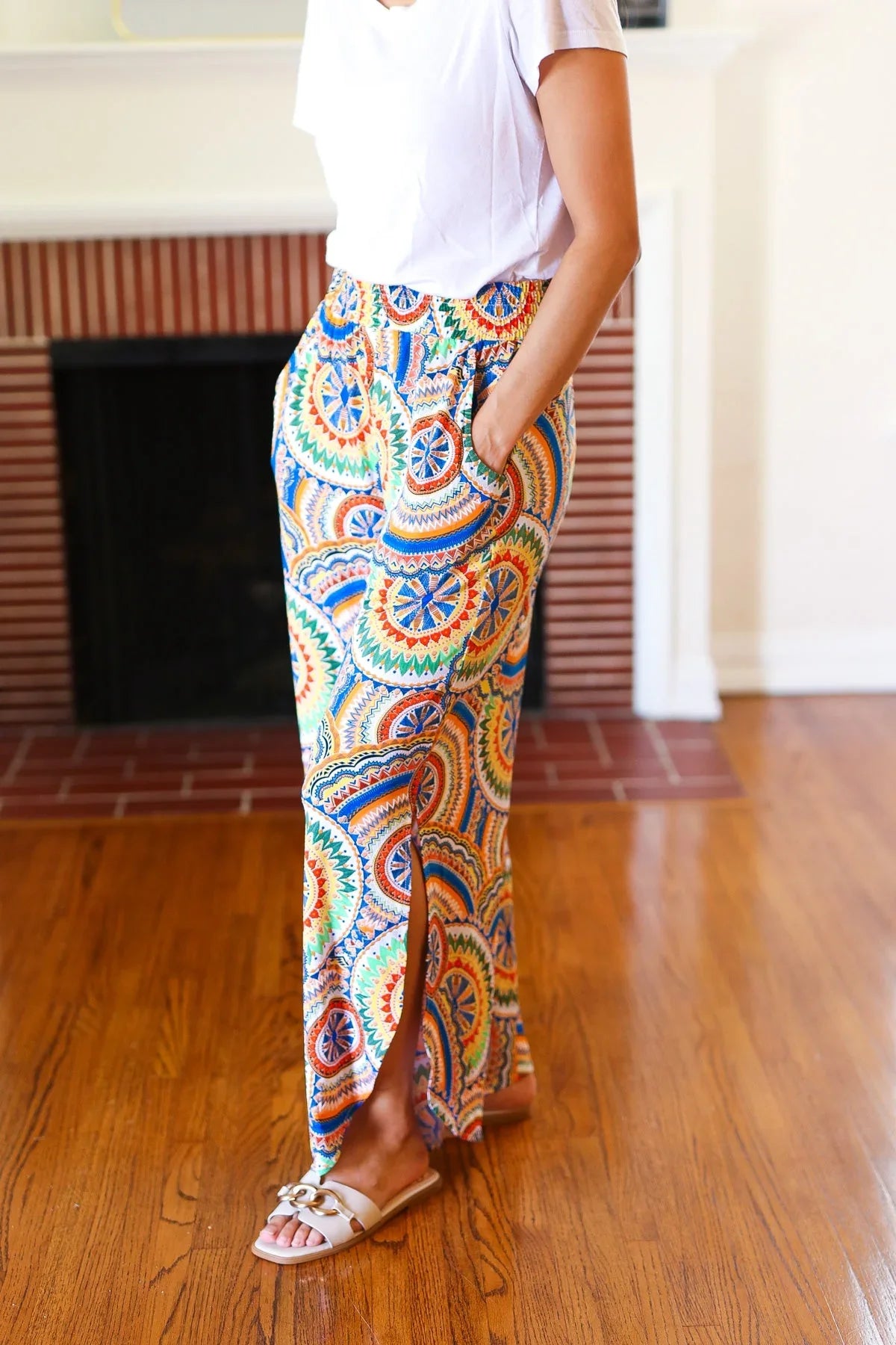 Multicolor Mandala Smocked Waist Side Slit Palazzo Pants | Daverri Fashions