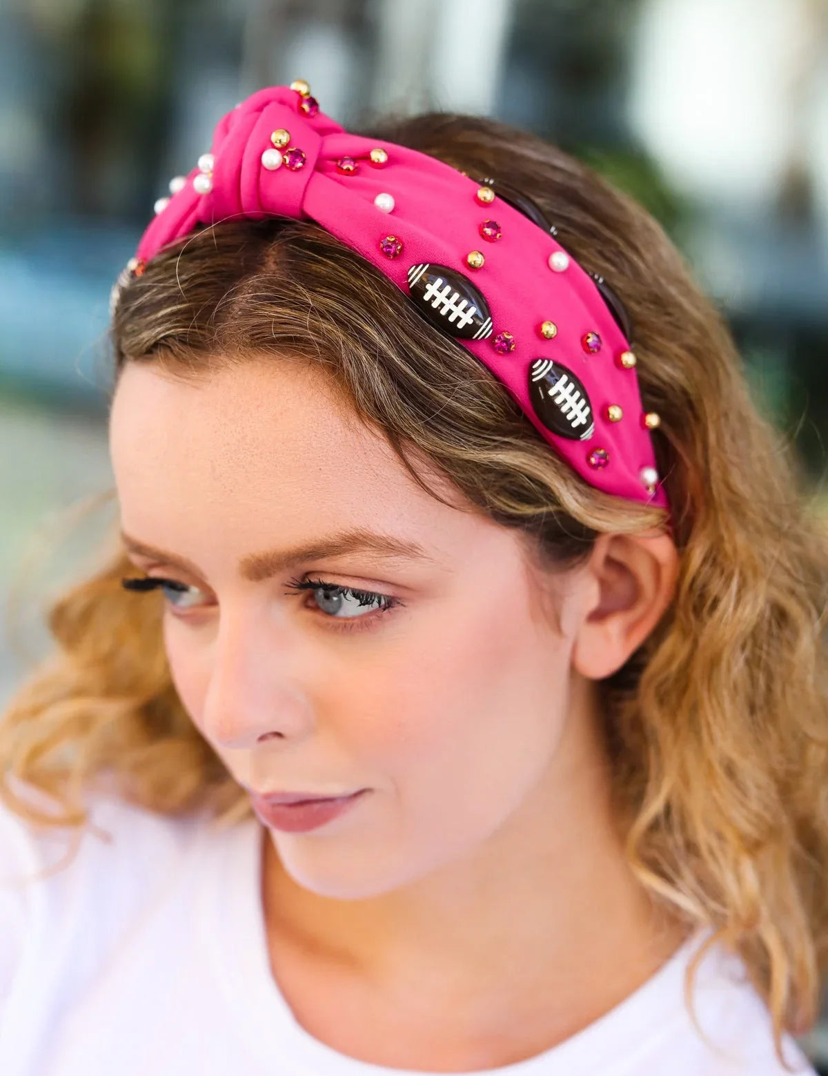 Fuchsia Stone & Gem Football Embellished Top Knot Headband | 07-01-25 Summer Sale Daverri Fashions