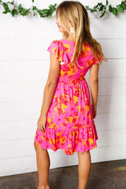 Fuchsia & Orange Tropical Floral Square Neck Dress | Daverri Fashions