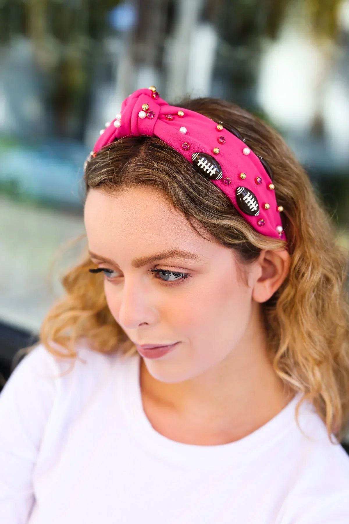 Fuchsia Stone & Gem Football Embellished Top Knot Headband | 07-01-25 Summer Sale Daverri Fashions
