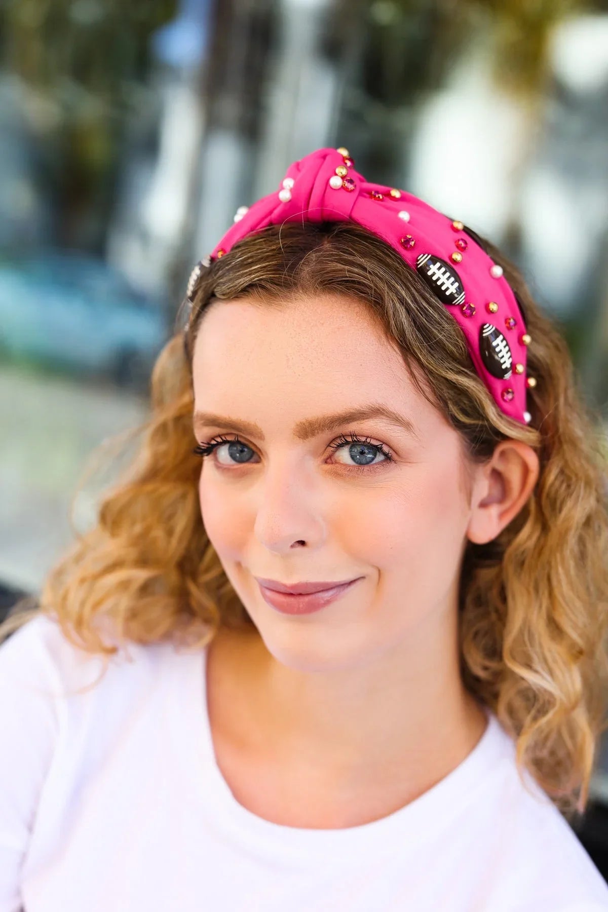 Fuchsia Stone & Gem Football Embellished Top Knot Headband | 07-01-25 Summer Sale Daverri Fashions