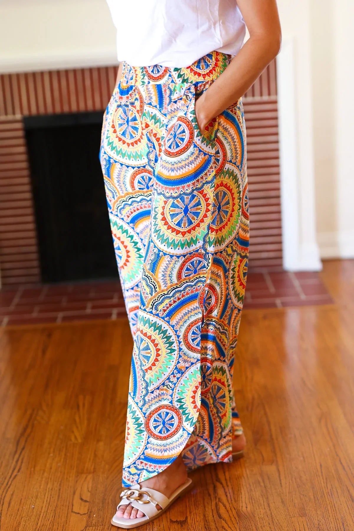 Multicolor Mandala Smocked Waist Side Slit Palazzo Pants | Daverri Fashions