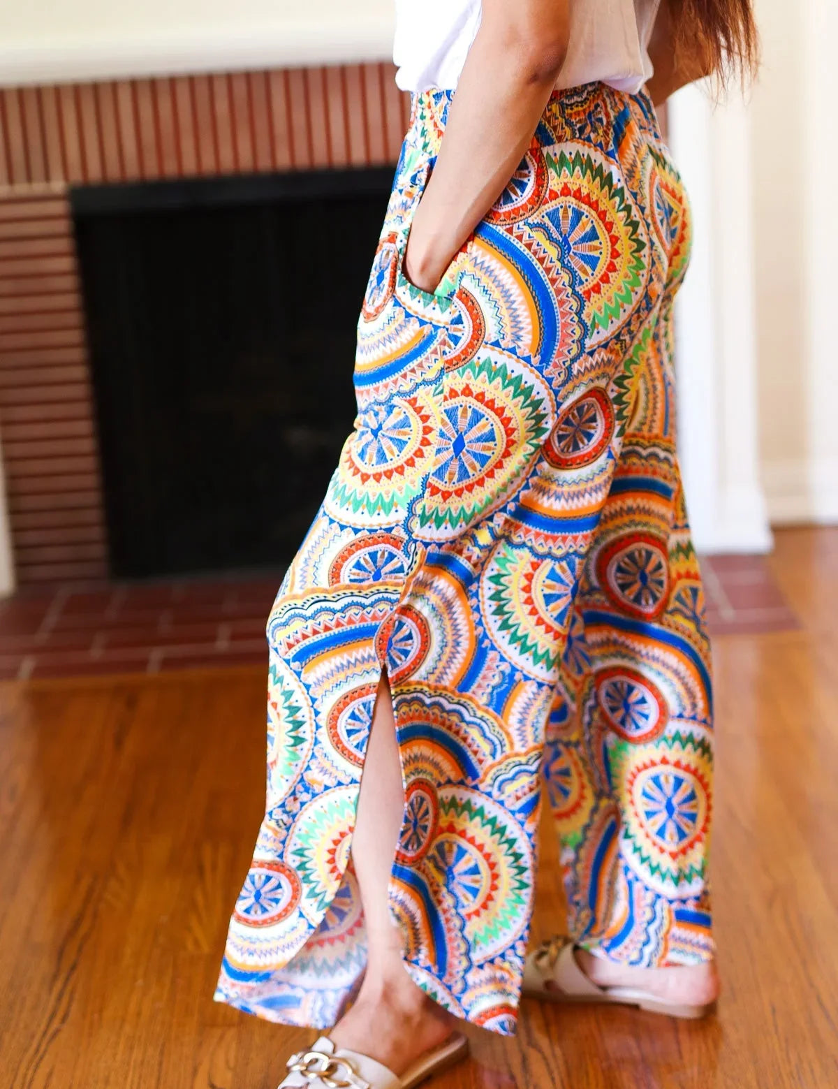 Multicolor Mandala Smocked Waist Side Slit Palazzo Pants | Daverri Fashions