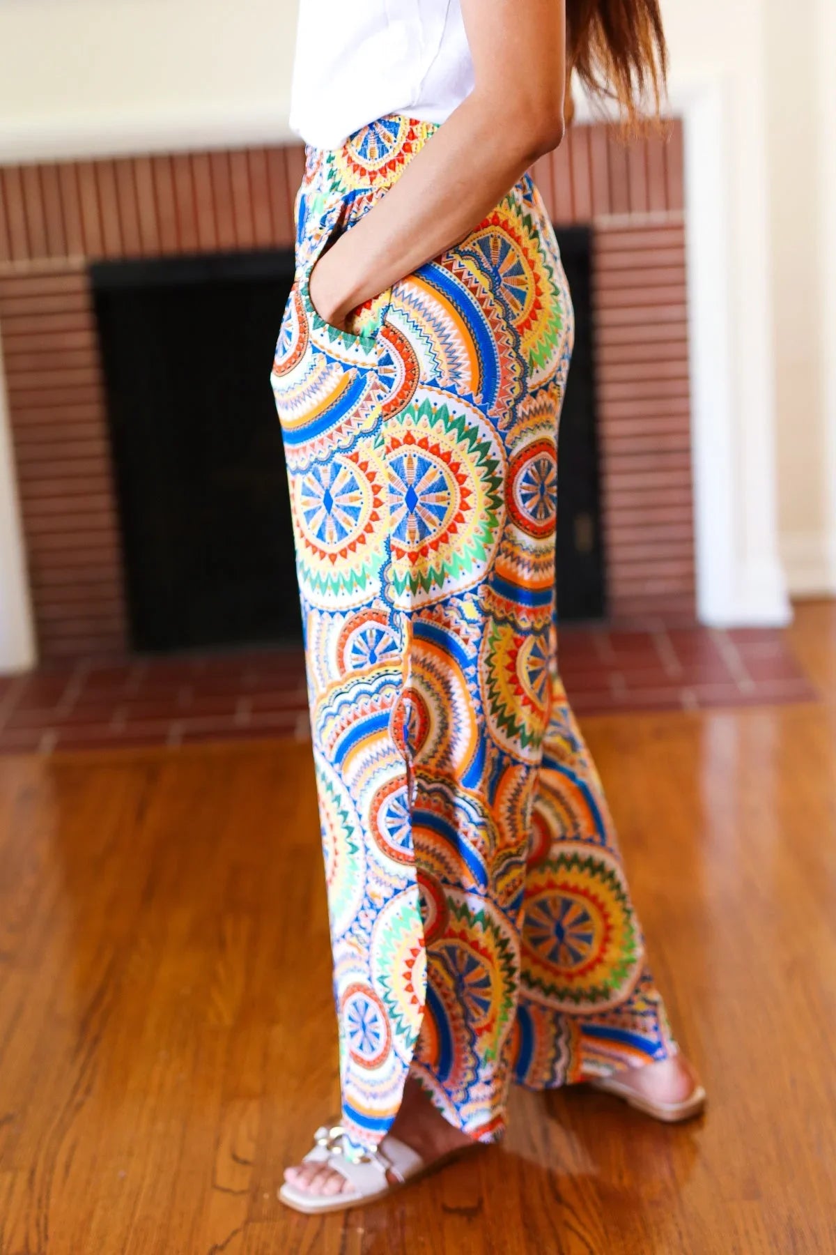 Multicolor Mandala Smocked Waist Side Slit Palazzo Pants | Daverri Fashions
