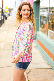 Life's A Party Fuchsia & Yellow Abstract Print V Neck Top | Daverri Fashions