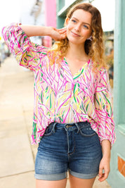 Life's A Party Fuchsia & Yellow Abstract Print V Neck Top | Daverri Fashions