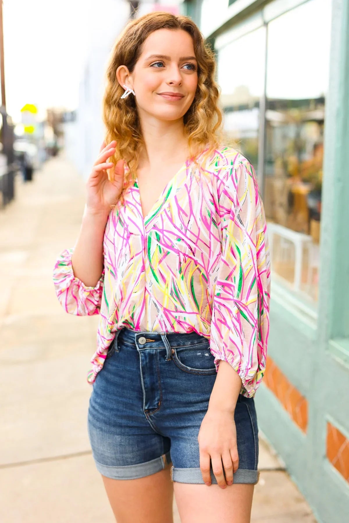 Life's A Party Fuchsia & Yellow Abstract Print V Neck Top | Daverri Fashions