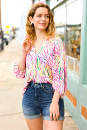 Life's A Party Fuchsia & Yellow Abstract Print V Neck Top | Daverri Fashions