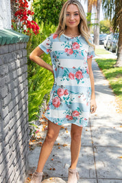 Blue & Cream Stripe Floral French Terry Dress | Daverri Fashions