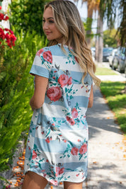 Blue & Cream Stripe Floral French Terry Dress | Daverri Fashions
