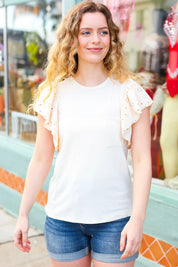 Oatmeal Terry Eyelet Flutter Sleeve Top | 07-01-25 Summer Sale Daverri Fashions