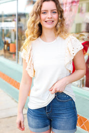 Oatmeal Terry Eyelet Flutter Sleeve Top | 07-01-25 Summer Sale Daverri Fashions