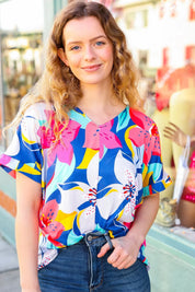 Navy & Yellow Tropical Floral V Neck Top | 07-01-25 Summer Sale Daverri Fashions