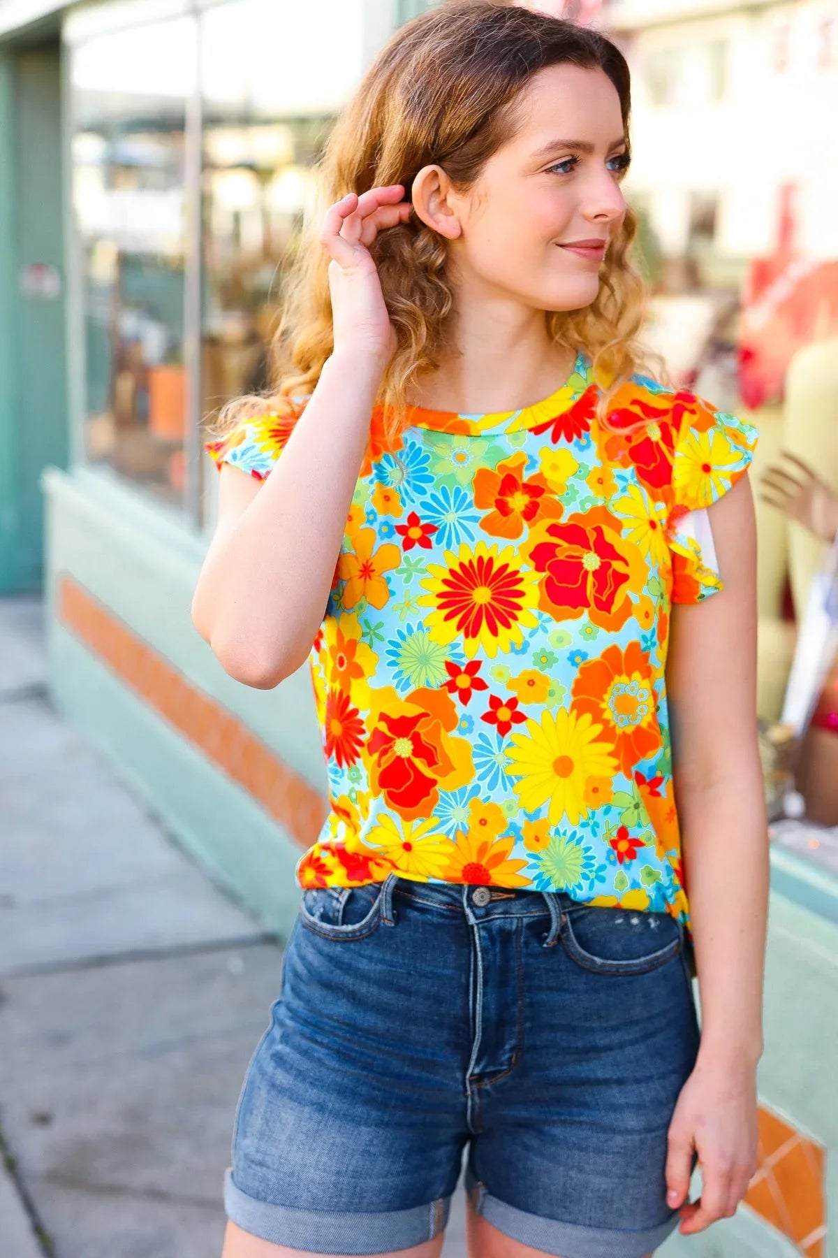 Yellow & Red Floral Flutter Sleeve Top | 07-01-25 Summer Sale Daverri Fashions