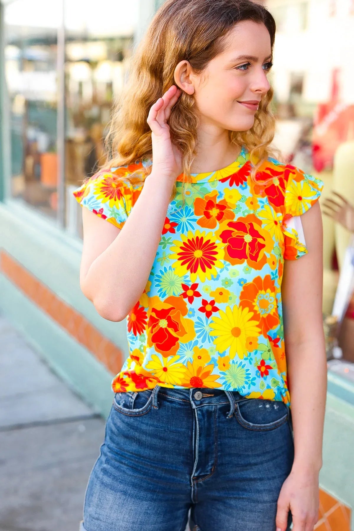 Yellow & Red Floral Flutter Sleeve Top | 07-01-25 Summer Sale Daverri Fashions
