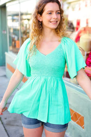 Mint Smocked Woven Flutter Sleeve Top | Daverri Fashions
