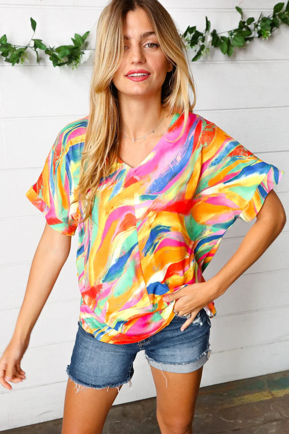 Watercolor Paint Strokes V Neck Top | Daverri Fashions
