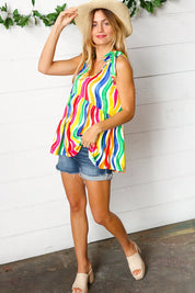 Multicolor Wavy Stripe Shoulder Tie Detail Top | Daverri Fashions