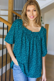 Perfectly You Teal Floral Three Quarter Sleeve Square Neck Top | Daverri Fashions