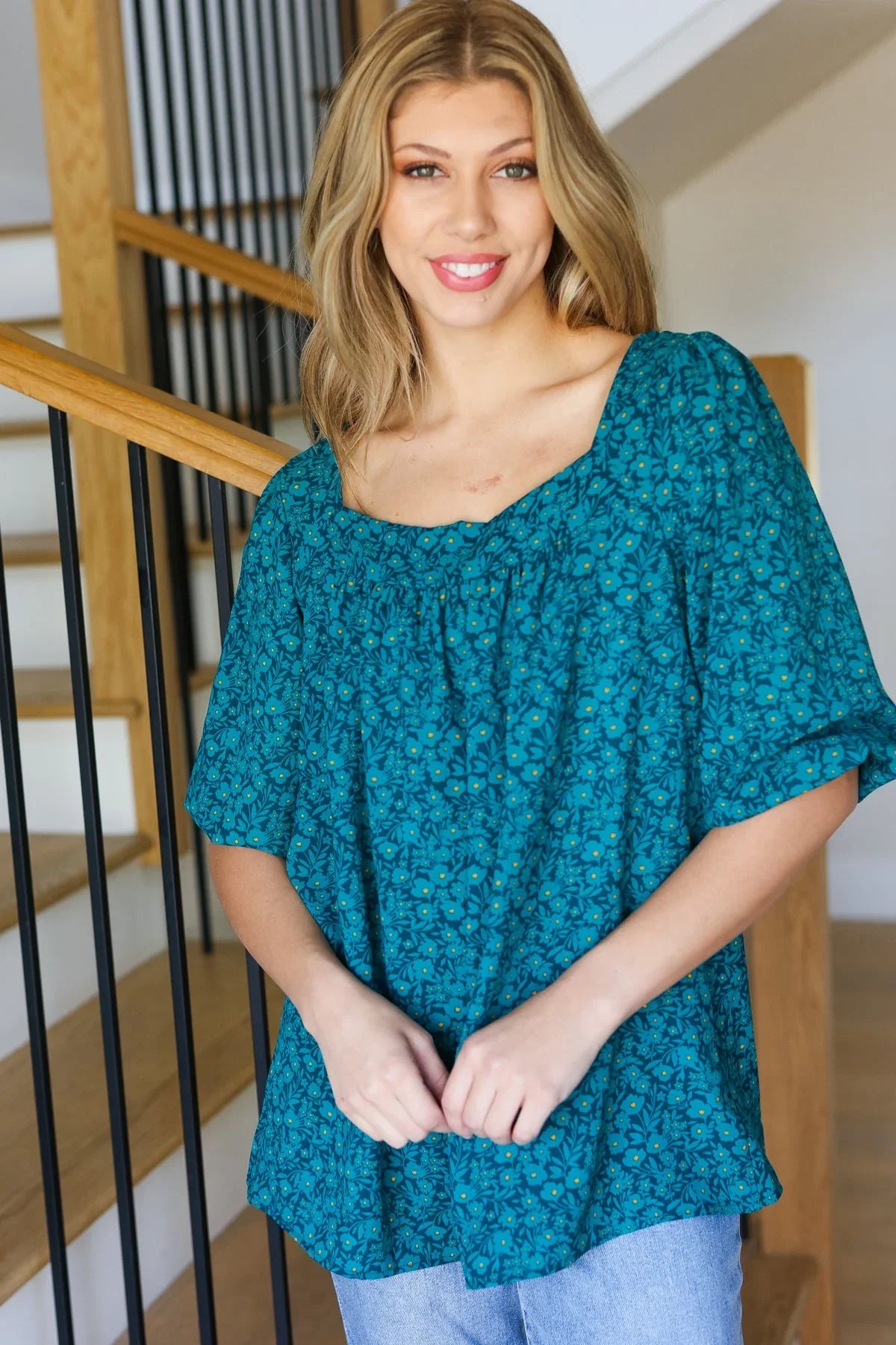 Perfectly You Teal Floral Three Quarter Sleeve Square Neck Top | Daverri Fashions