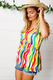 Multicolor Wavy Stripe Shoulder Tie Detail Top | Daverri Fashions
