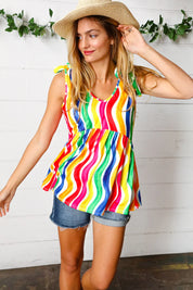 Multicolor Wavy Stripe Shoulder Tie Detail Top | Daverri Fashions