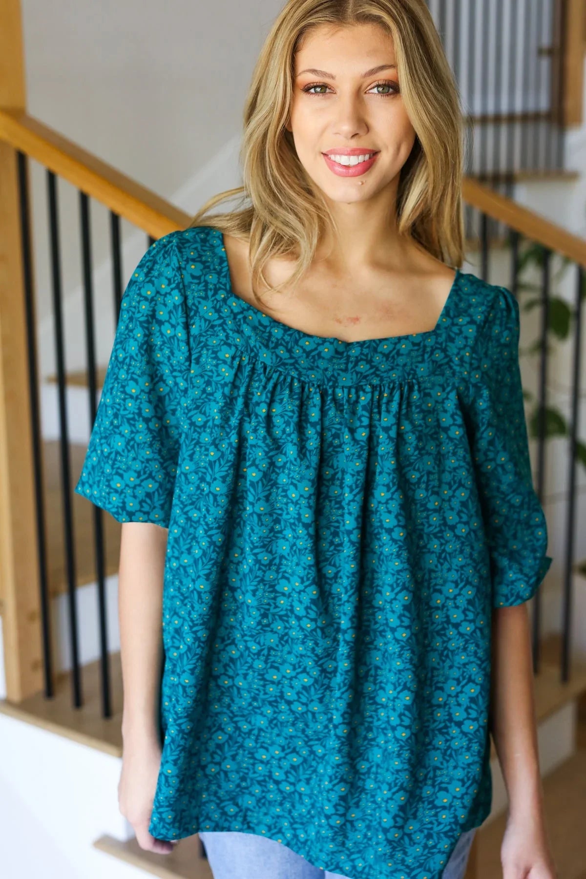 Perfectly You Teal Floral Three Quarter Sleeve Square Neck Top | Daverri Fashions